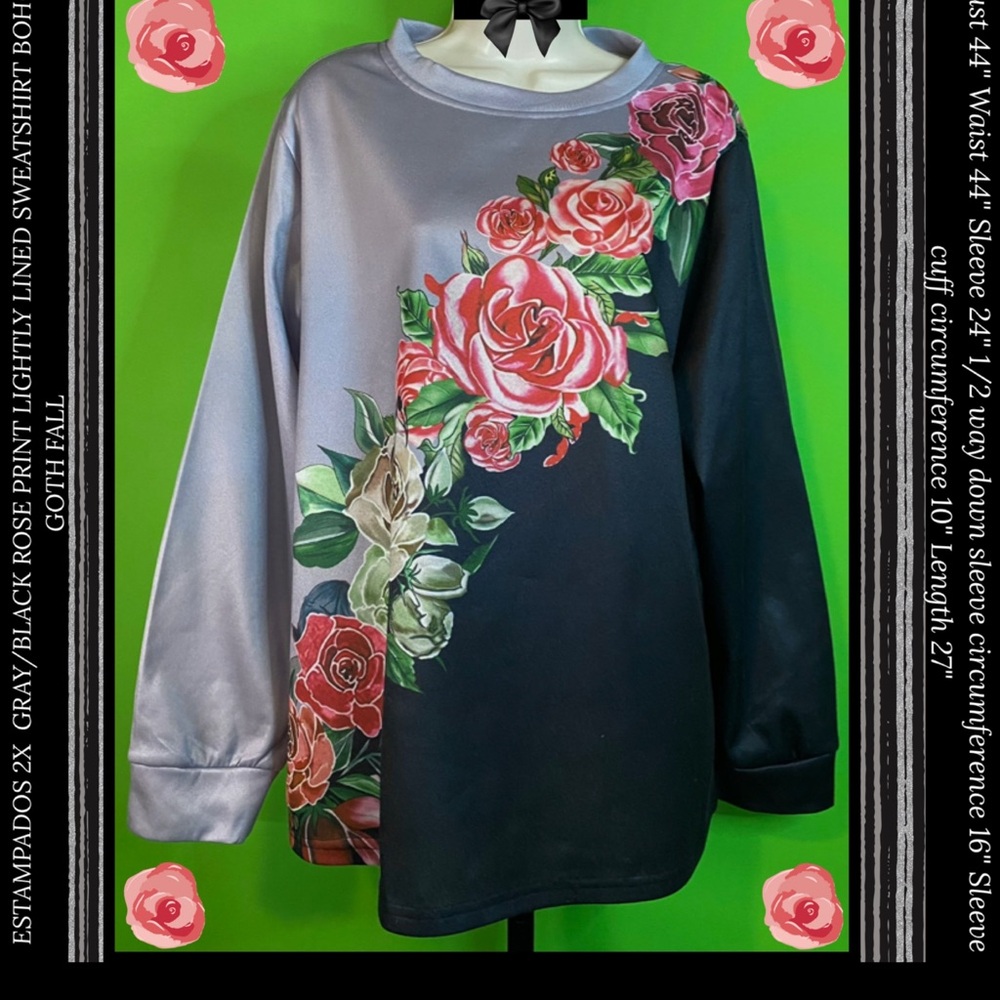 ESTAMPADOS 2X  GRAY/BLACK ROSE PRINT LIGHTLY LINED SWEATSHIRT BOHO GOTH FALL